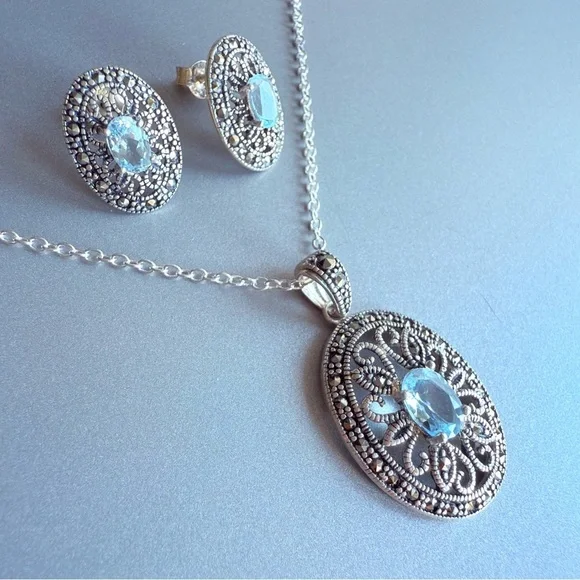 Natural Blue Topaz & Marcasite Oval Sterling Silver Pendant Necklace JC …